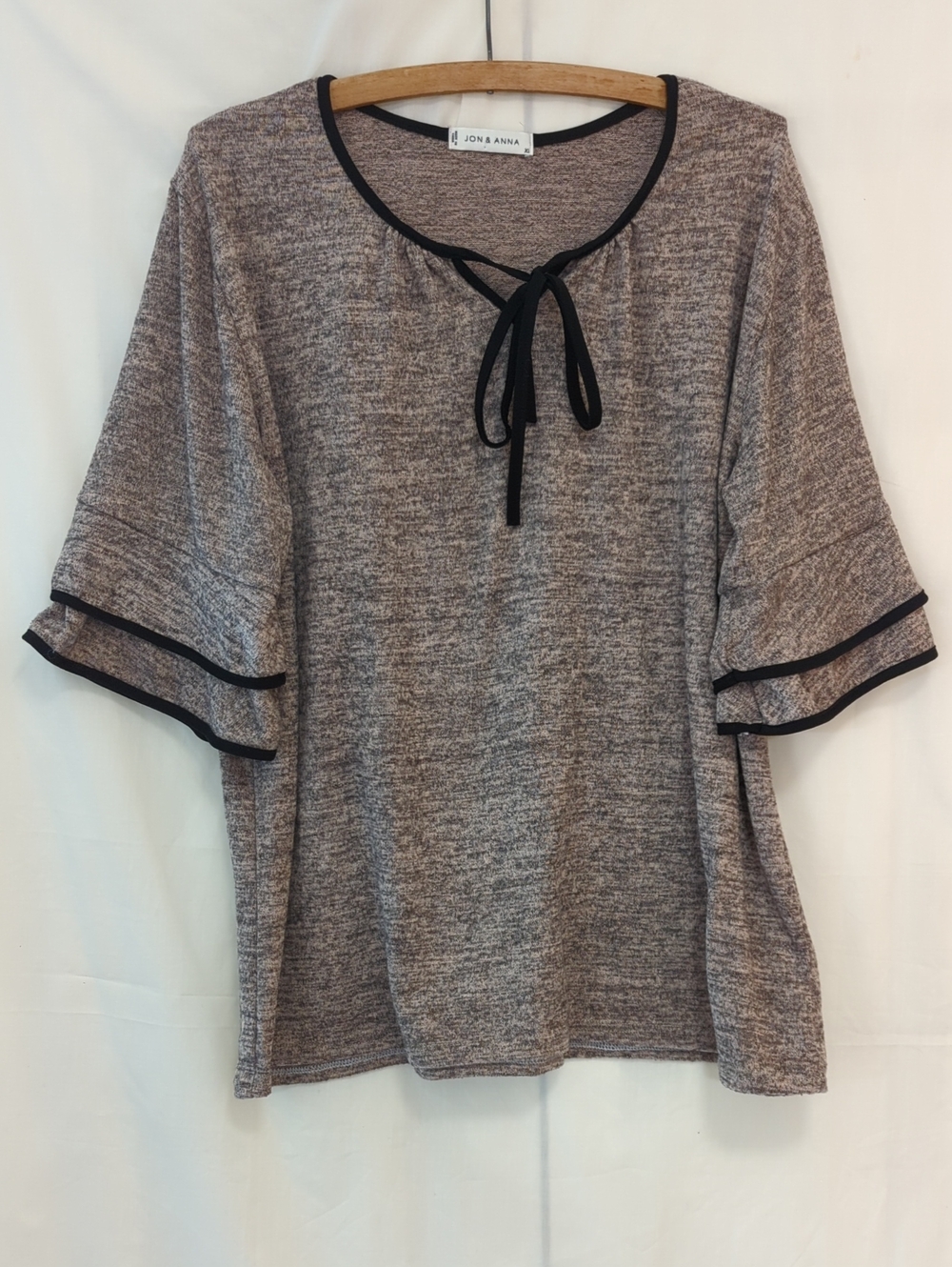 Jon & Anna Heather Brown Tie-Neck Top with Black Trim XL